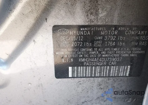 2013 Hyundai Elantra Gls from USA, damaged, VIN KMHDH4AE4DU739037